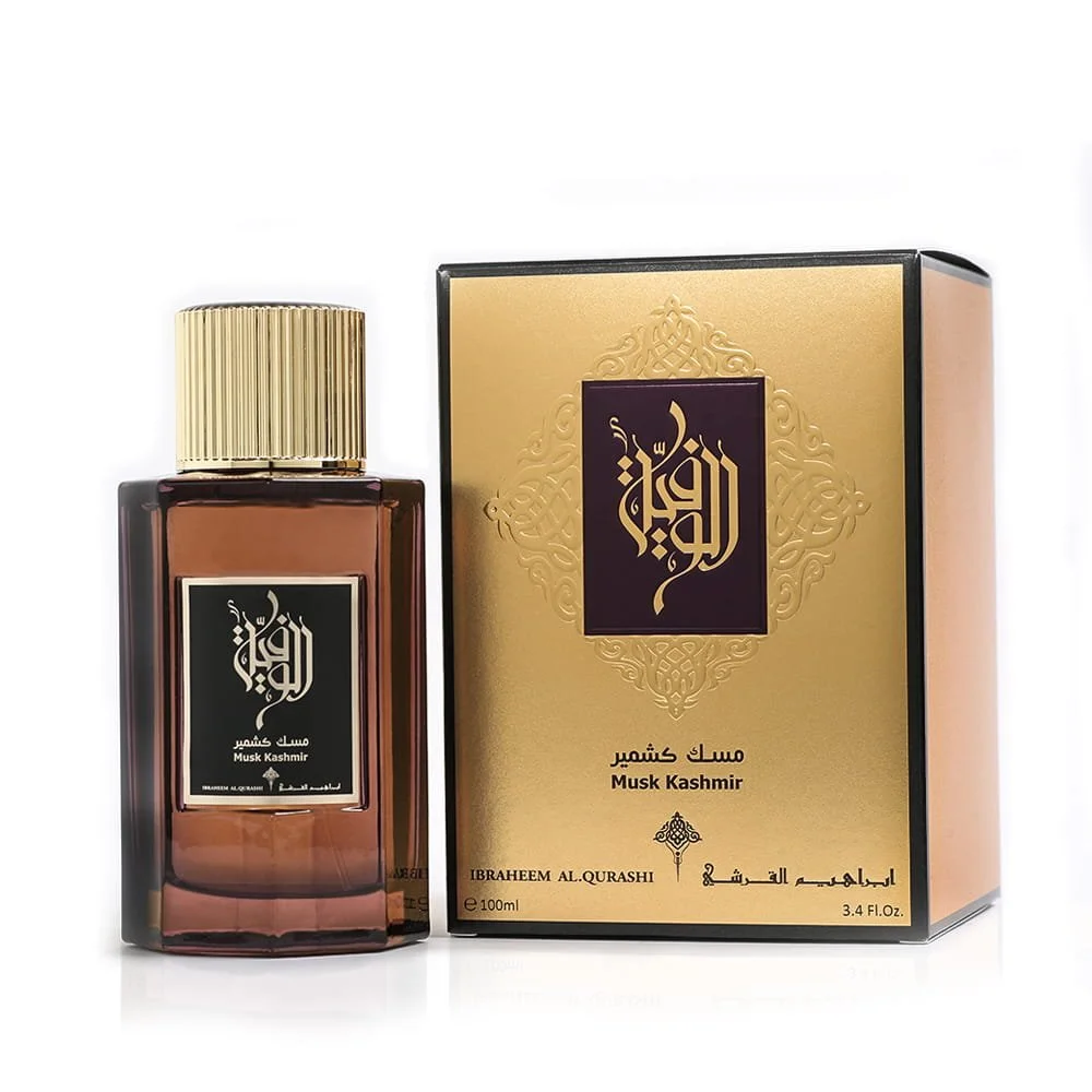 IBRAQ Al Wafia Kashmir Musk perfume next to box, luxury musk fragrance UK
