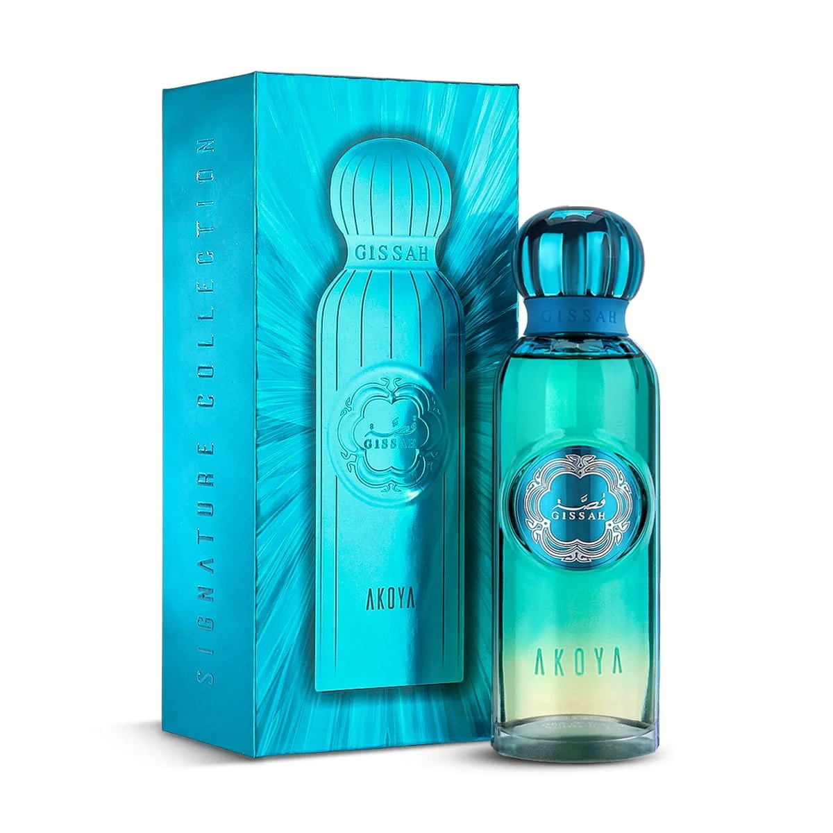 Gissah Akoya Eau De Parfum 200ml beside luxury branded presentation box UK
