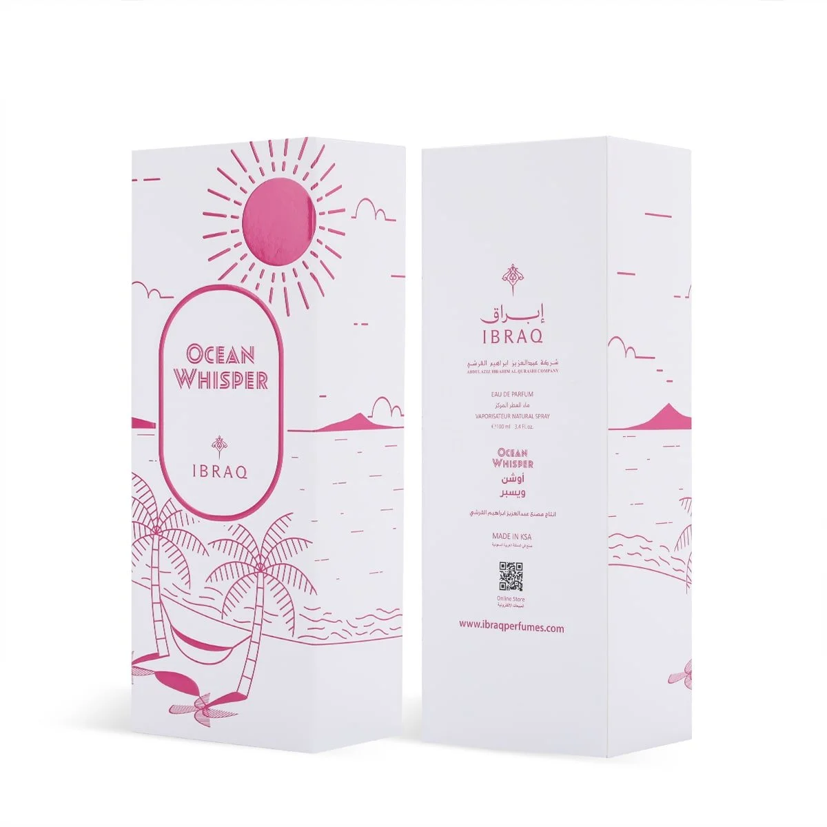 Front and back views of Ocean Whisper by Ibraheem Al Qurashi perfume box showing branding and design details.