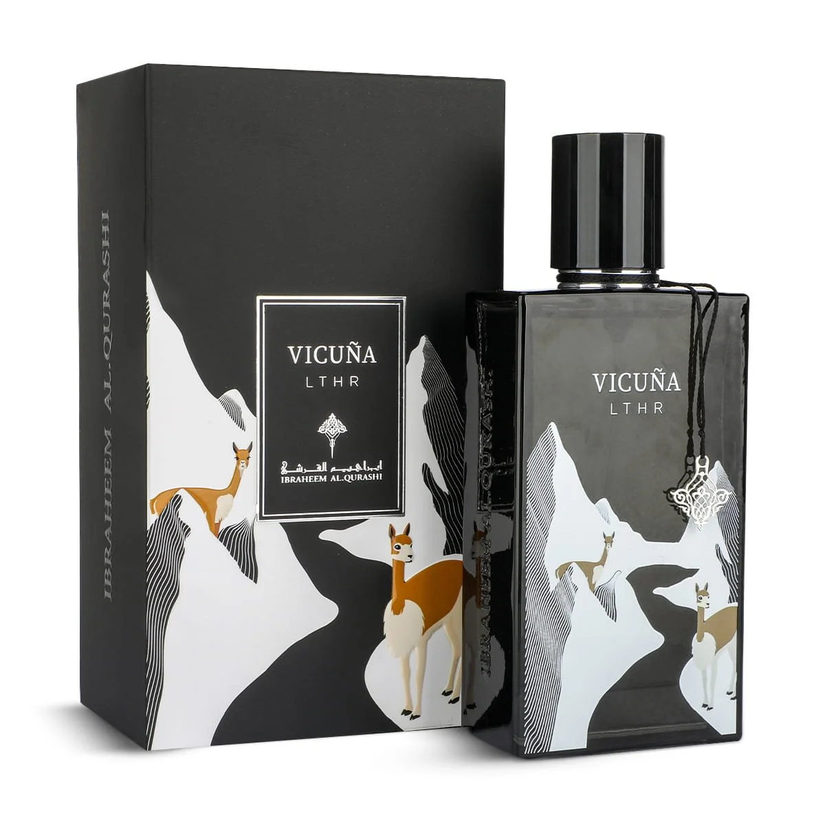 IBRAQ Vicuna Leather perfume 75ml next to box, luxury leather fragrance UK