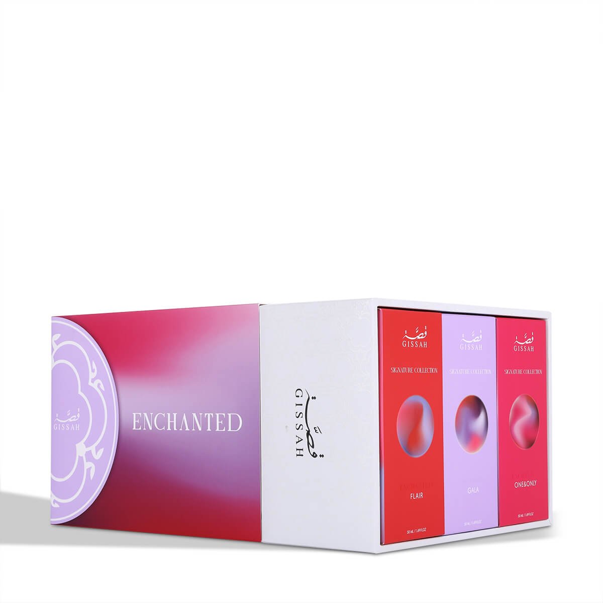 Gissah Enchanted Set opened at side angle showcasing three compartments – luxury perfume gift collection UK, Al Rashid Galleria.