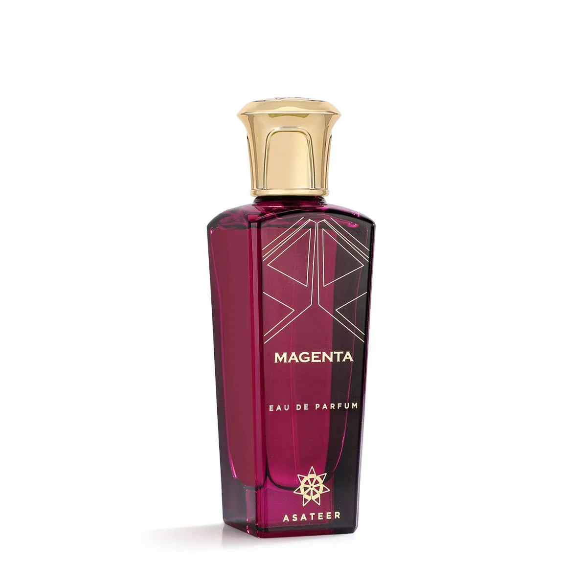 Angled view of Asateer Magenta Eau De Parfum 80ml luxury perfume bottle UK