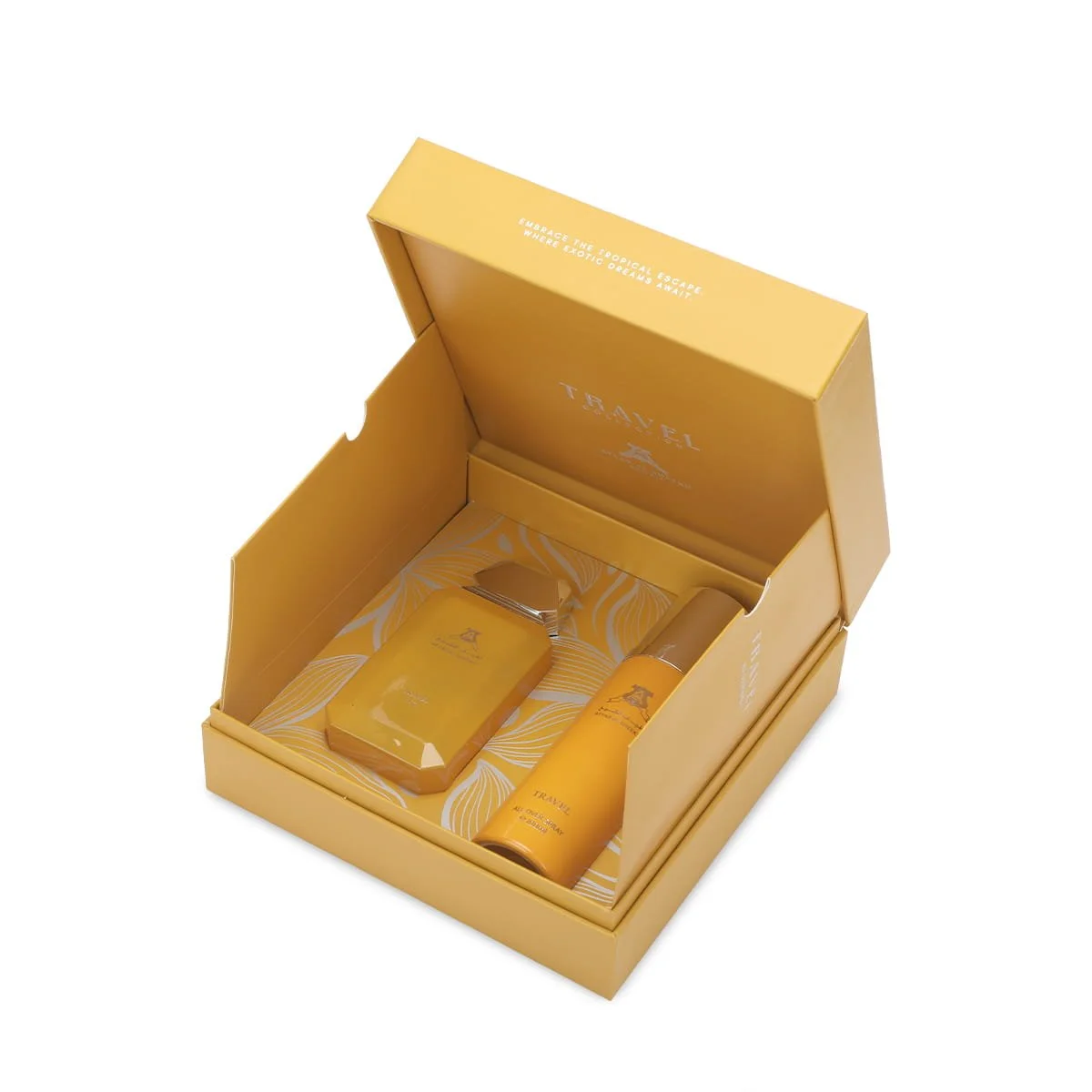 Inside view of Atyab Al Sheekh Travel Collection luxury box with perfume and all over spray UK