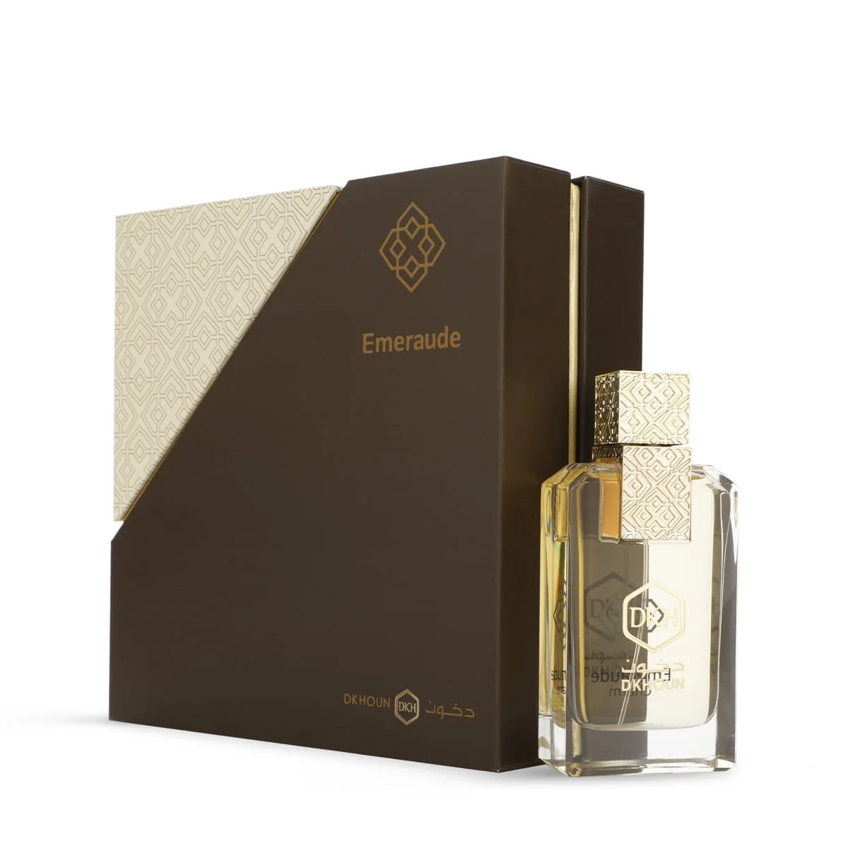 Dkhoun Emeraude Charm perfume displayed in front of luxury box UK