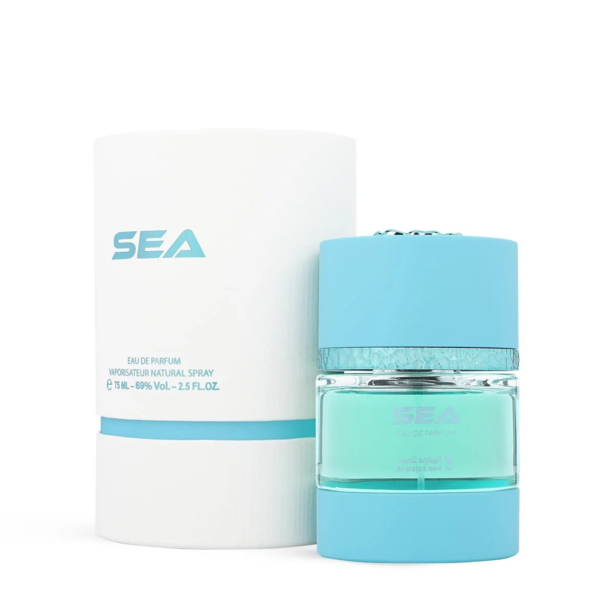 Al Majed Oud Sea perfume 75ml next to box, luxury fresh fragrance UK