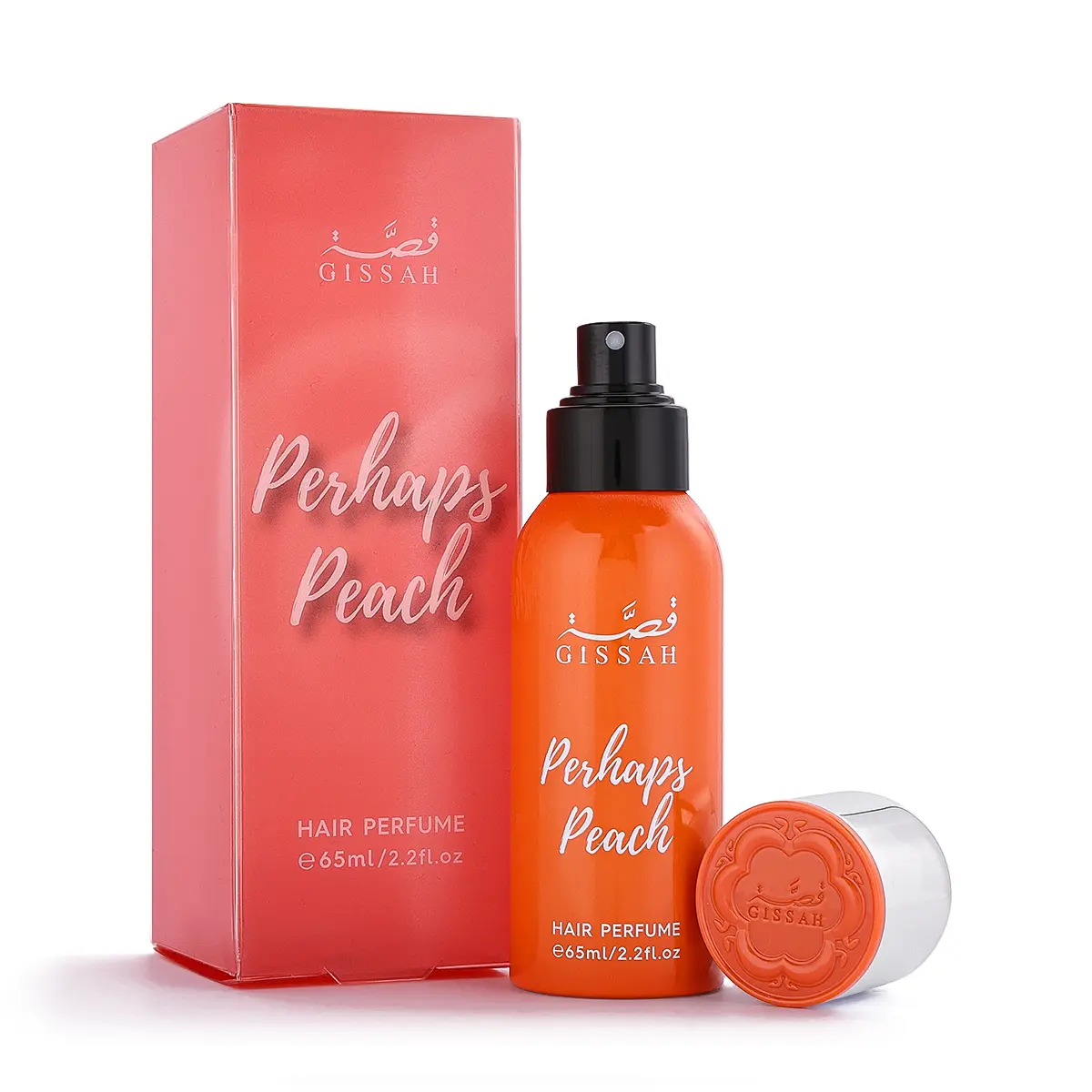 Gissah Perhaps Peach hair mist 65ml displayed next to its box, fruity gourmand luxury hair perfume UK