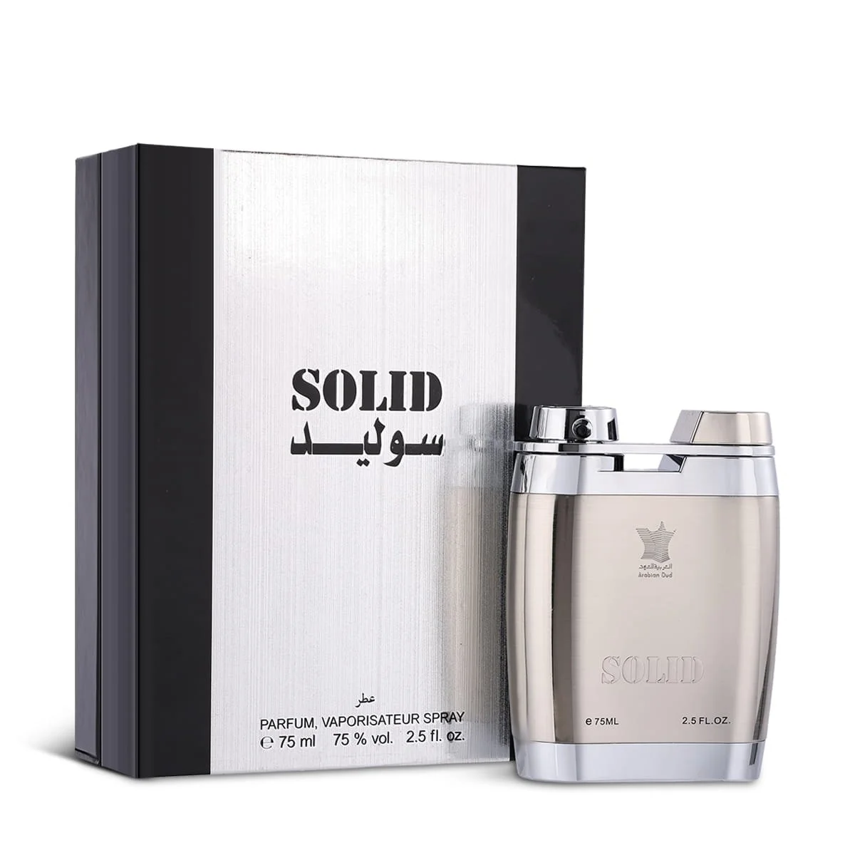 Arabian Oud Solid 75ml perfume displayed next to luxury box, sweet gourmand fragrance UK