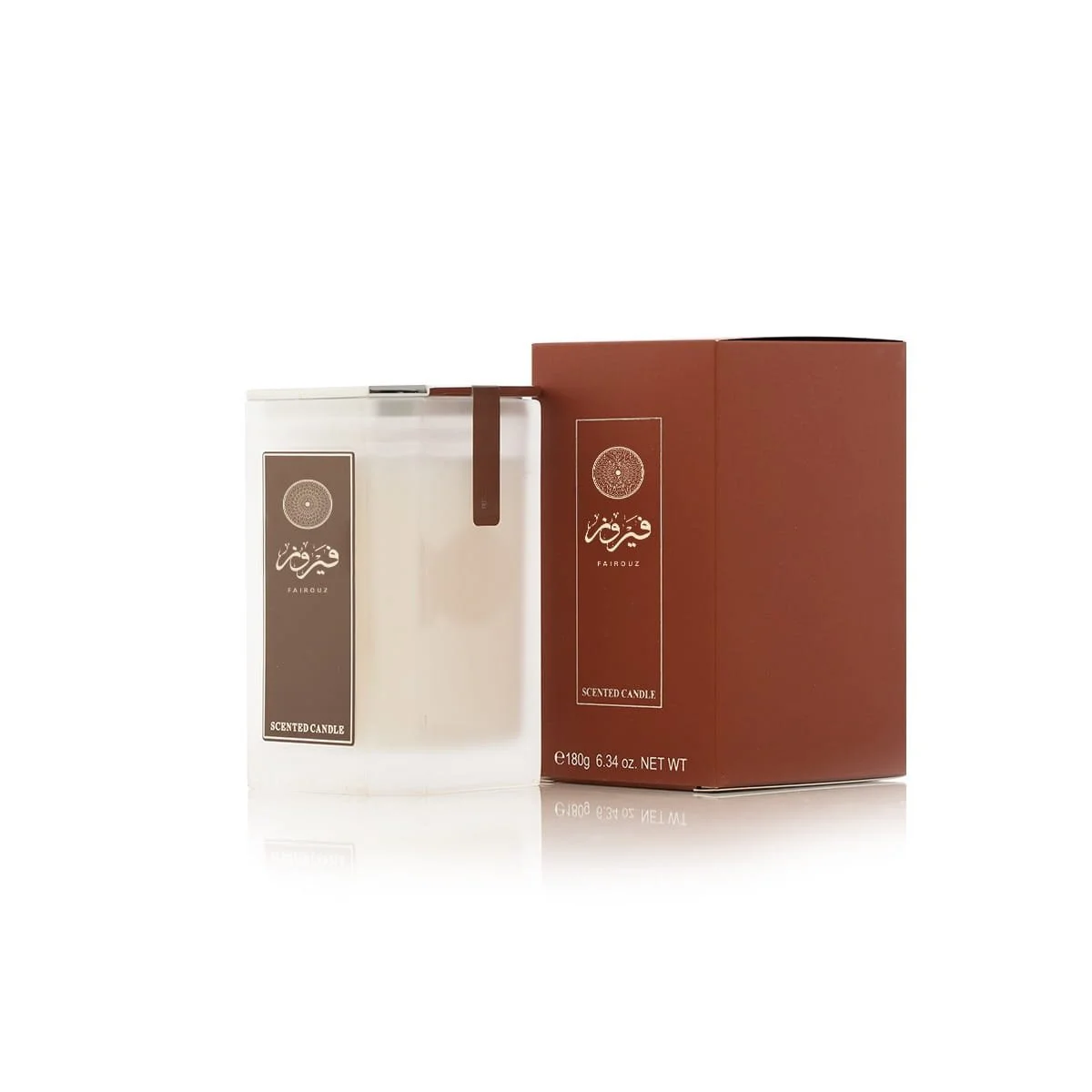 Arabian Oud Fairouz scented candle angled view with box, premium candle UK