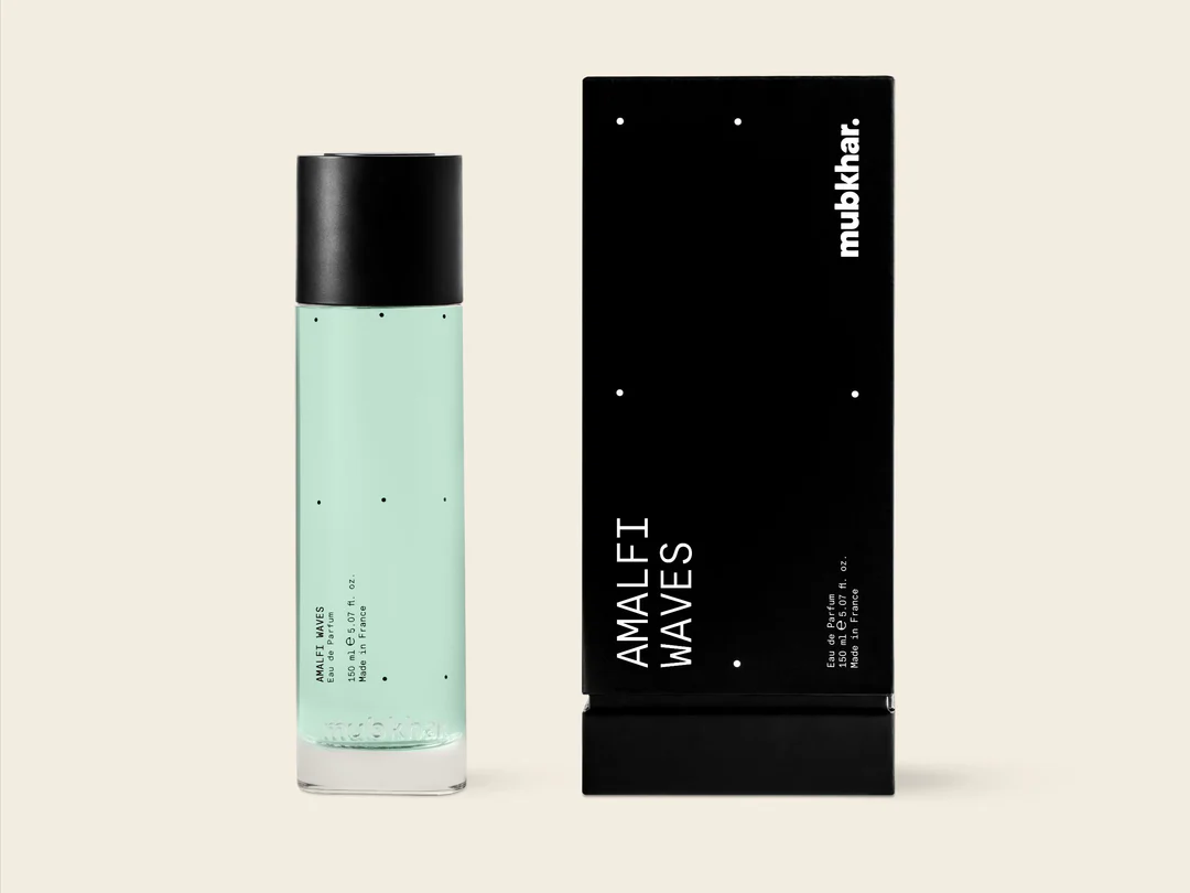 Mubkhar Amalfi Waves Eau De Parfum 150ml next to its box, luxury citrus musky fragrance UK