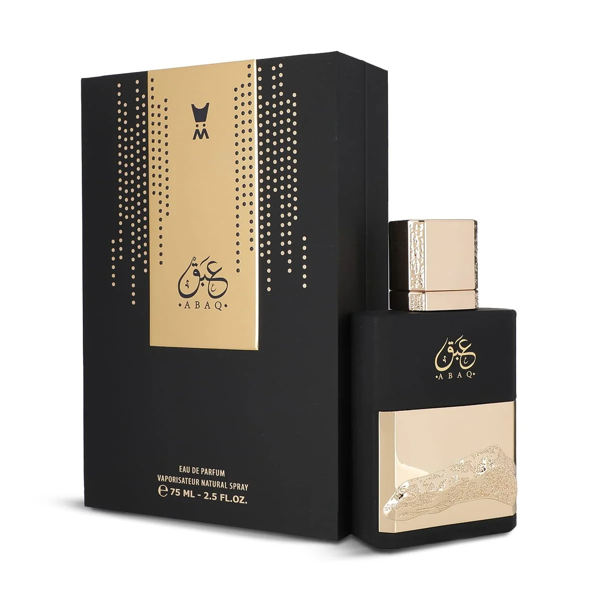 Al Majed Oud Abaq perfume 75ml next to box, luxury fragrance UK