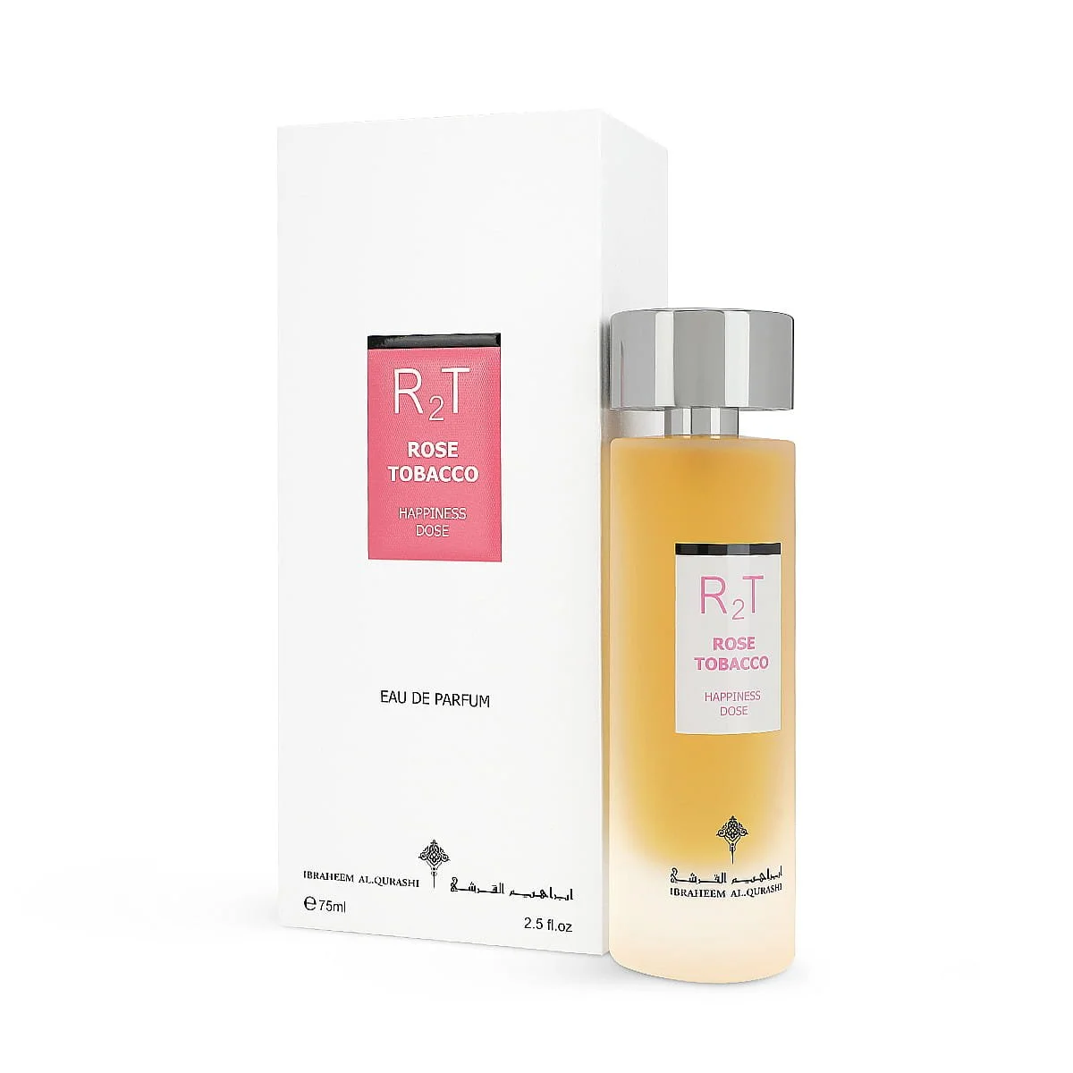 IBRAQ Happiness Dose Rose Tobacco perfume 75ml next to box, luxury fragrance UK