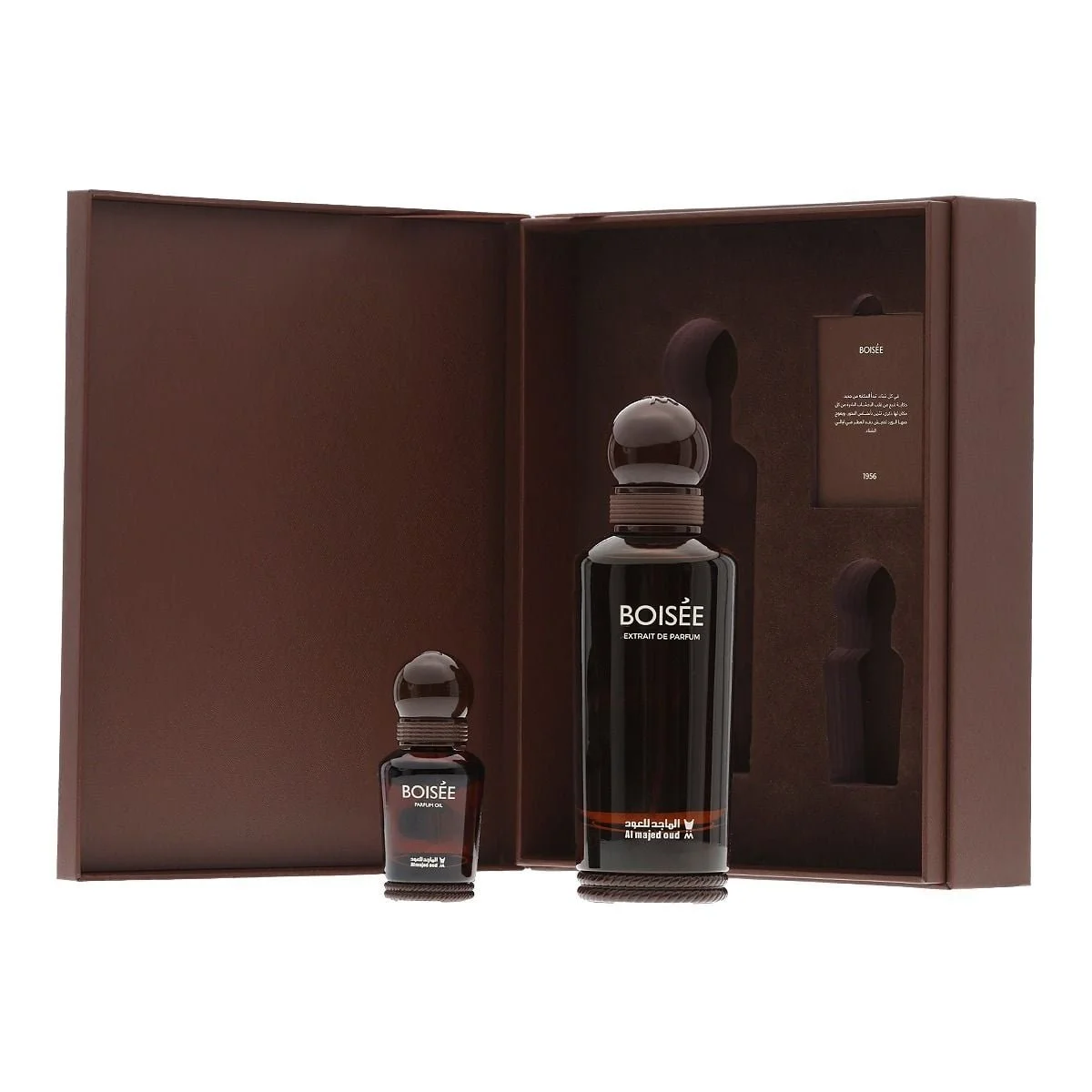 Al Majed Oud Boisee gift set open box front view showing perfume and oil, luxury packaging UK