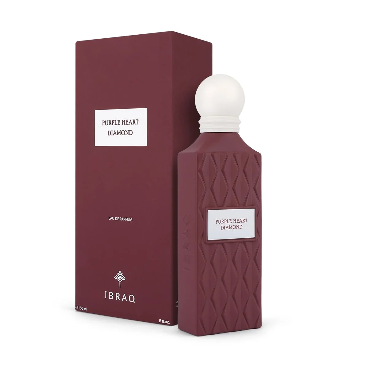 Front-facing view of Purple Heart Diamond perfume bottle next to its box, highlighting refined Arabic design – Ibraheem Al Qurashi, Al Rashid Galleria UK.