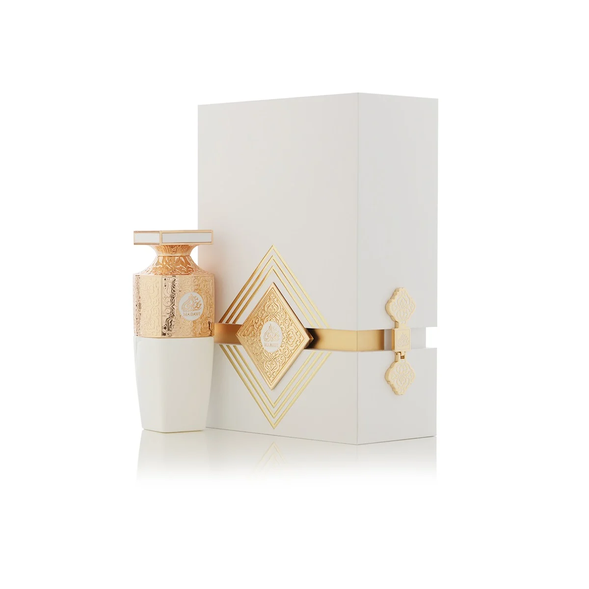 Arabian Oud Madawi White perfume angled next to box, premium unisex fragrance UK