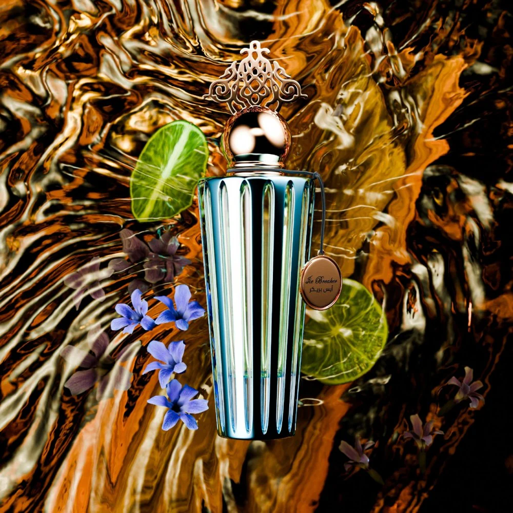 Iconic Ice Breaker by Ibraheem Al Qurashi – perfume bottle styled with bergamot, lavender, and sandalwood ingredients in the background at Al Rashid Galleria UK.