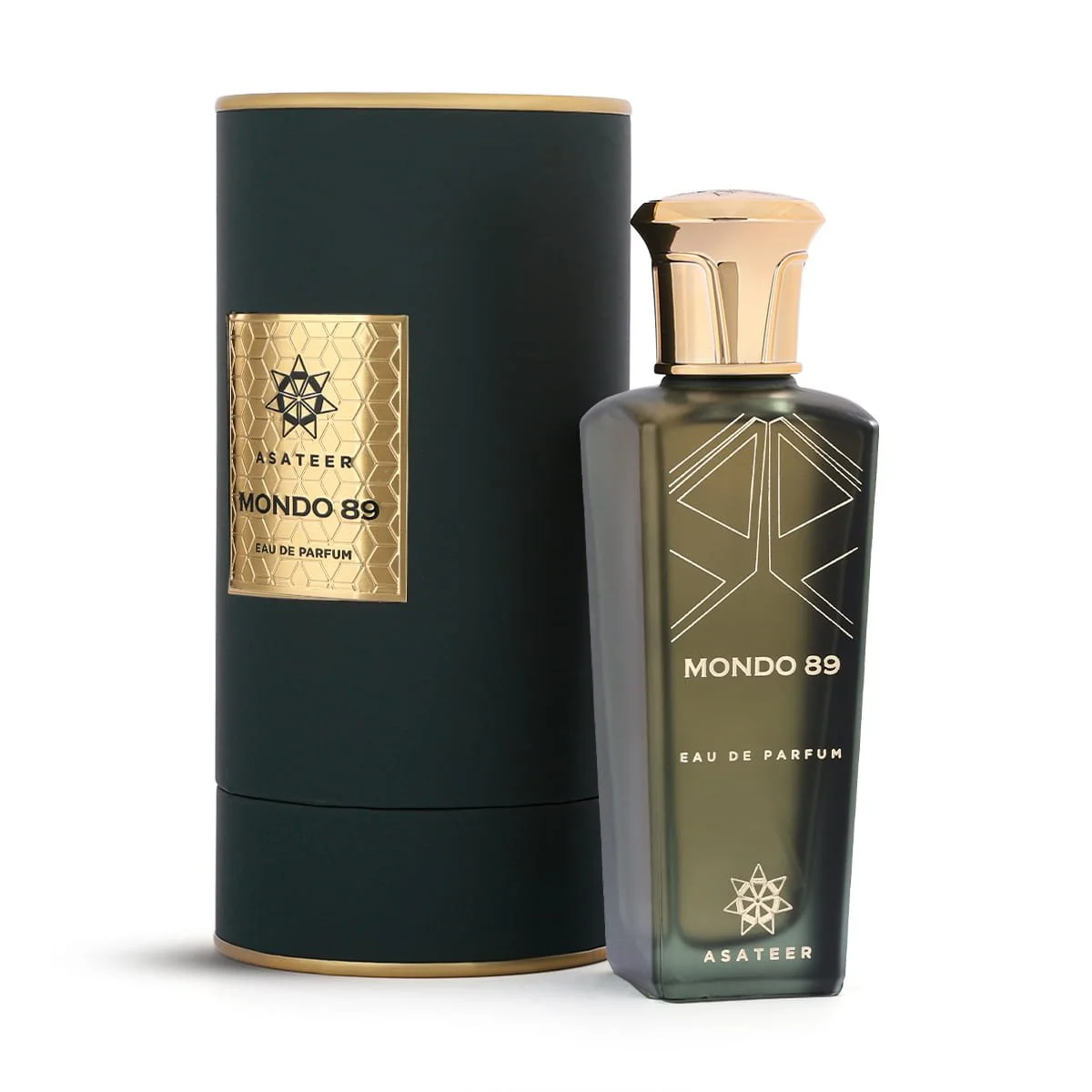 Asateer Mondo 89 Eau De Parfum 80ml next to luxury branded box UK