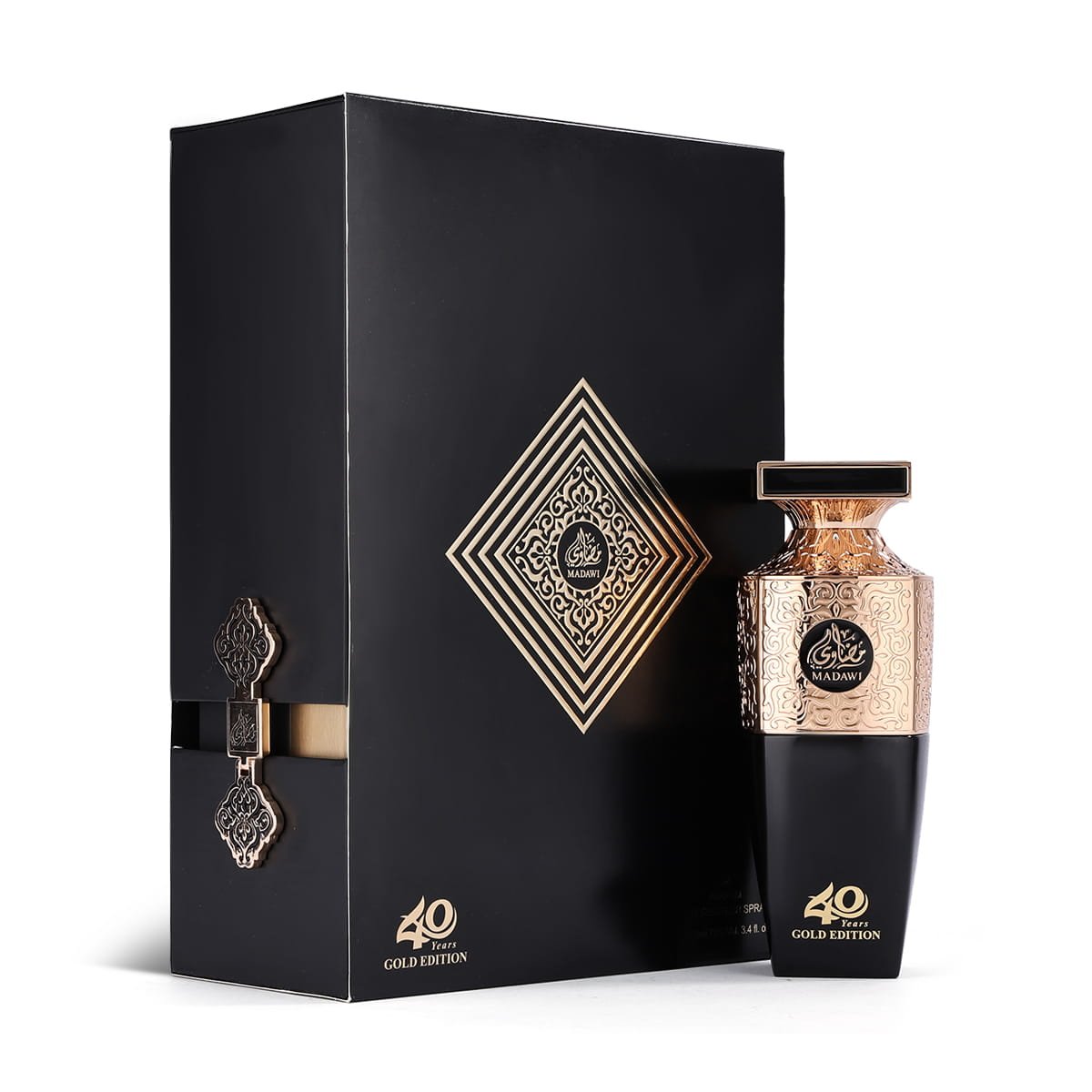 Arabian Oud Madawi Gold perfume displayed in front of its luxury box, iconic fragrance UK