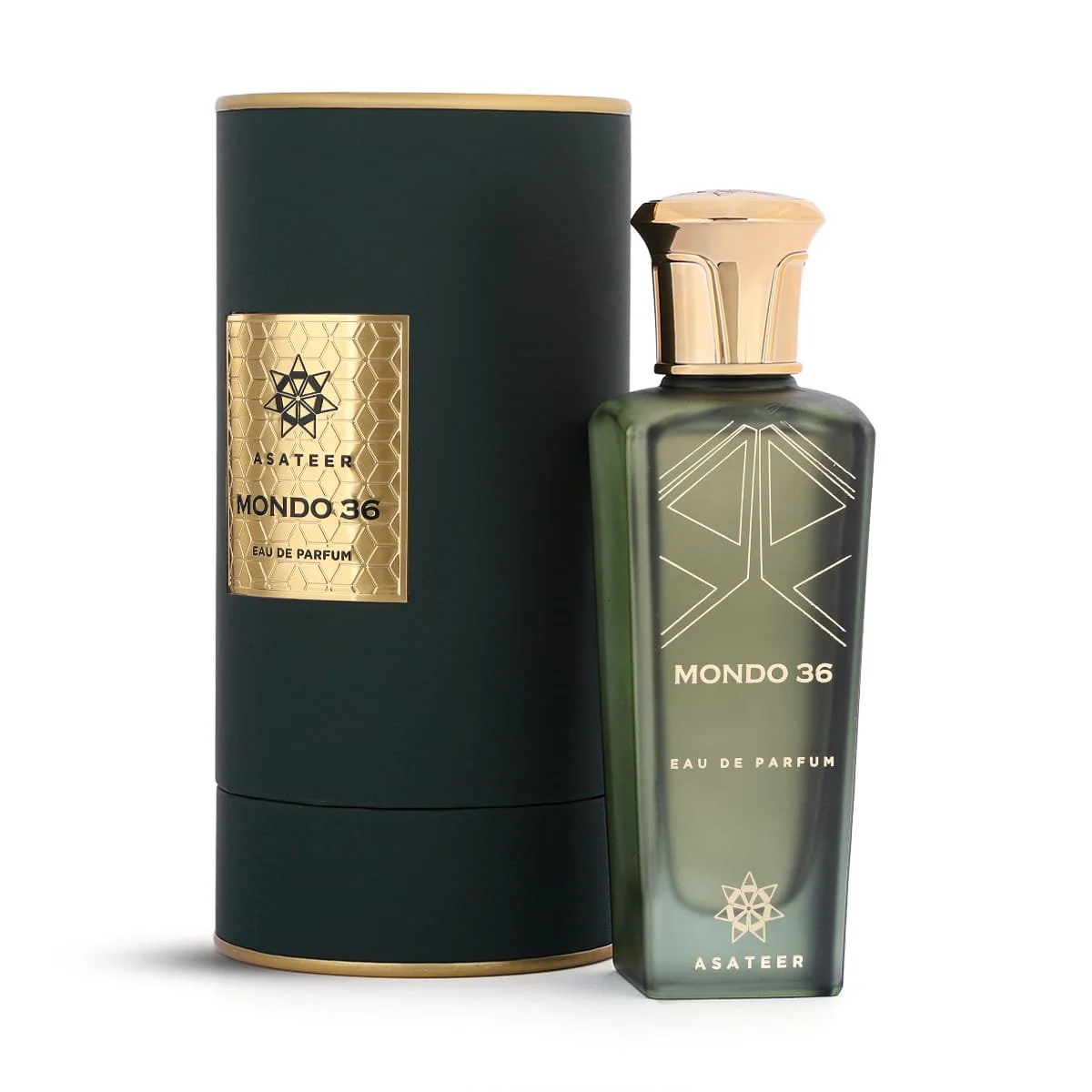 Asateer Mondo 36 Eau De Parfum 80ml next to luxury branded box UK