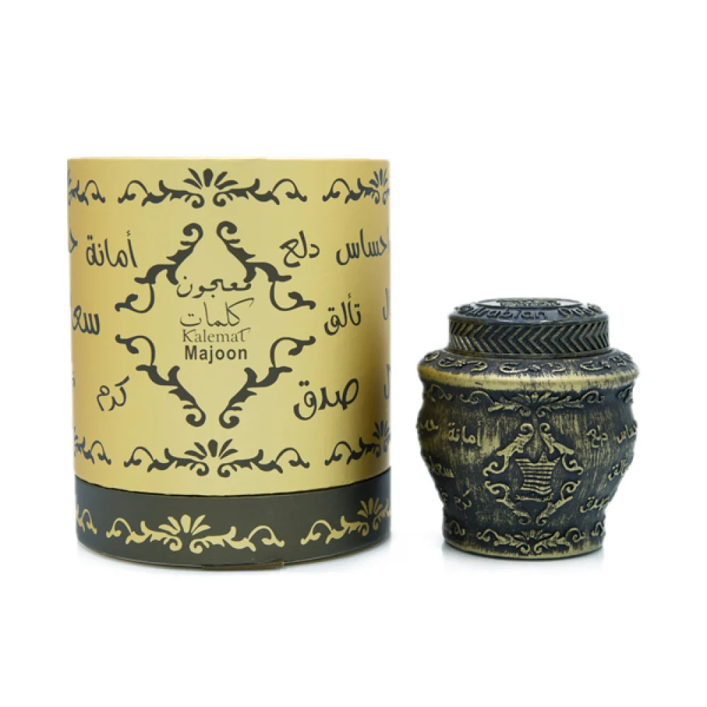 Arabian Oud Majoon Kalemat incense case displayed next to luxury box, oud tobacco bakhoor UK