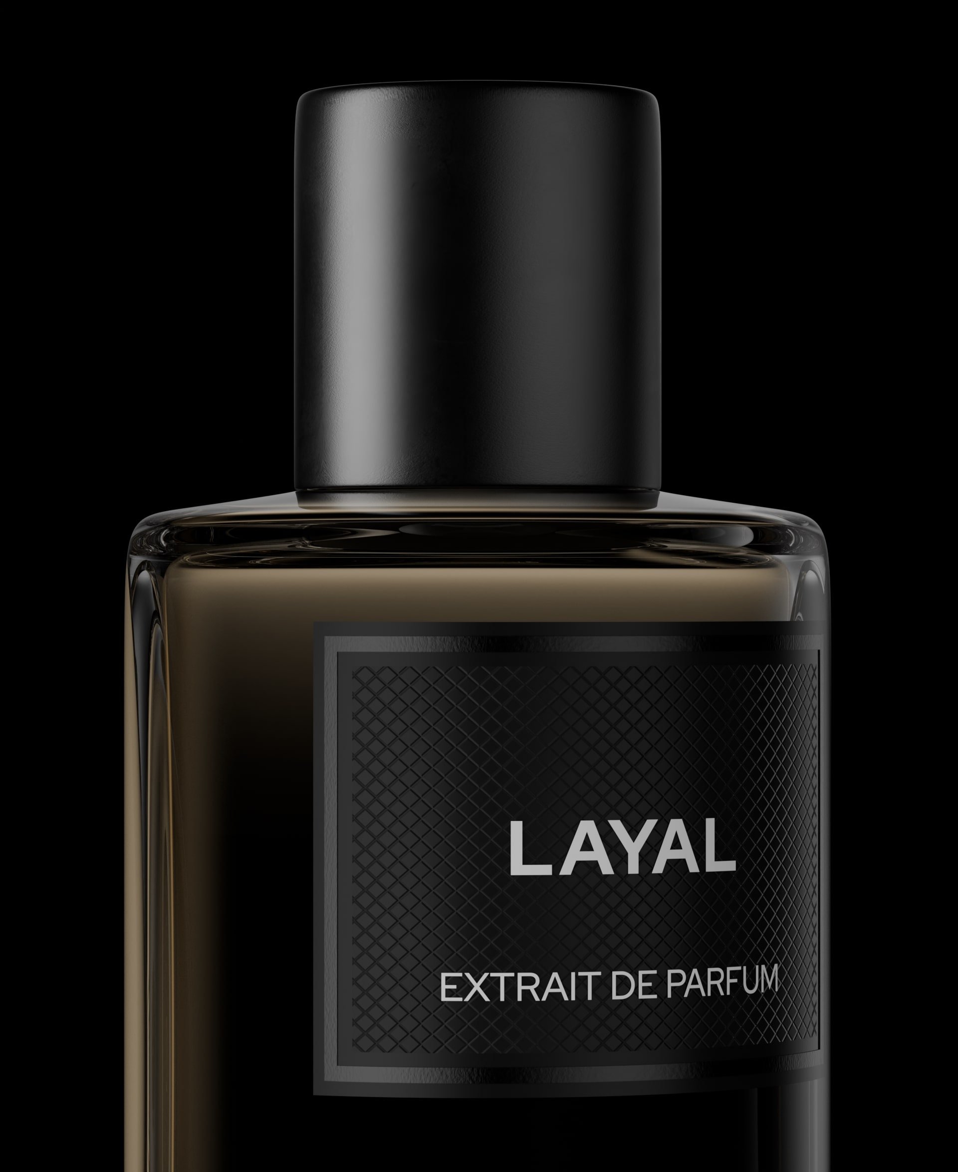 Close up of LAYAL by COLISH bottle showing the top half and intricate design details.