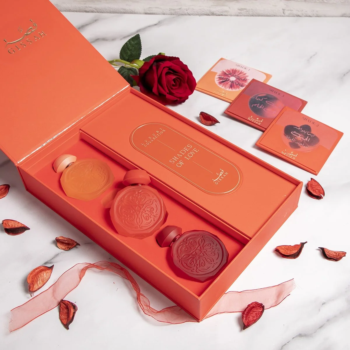 Open luxury red box of Gissah Shades Of Love perfume gift set