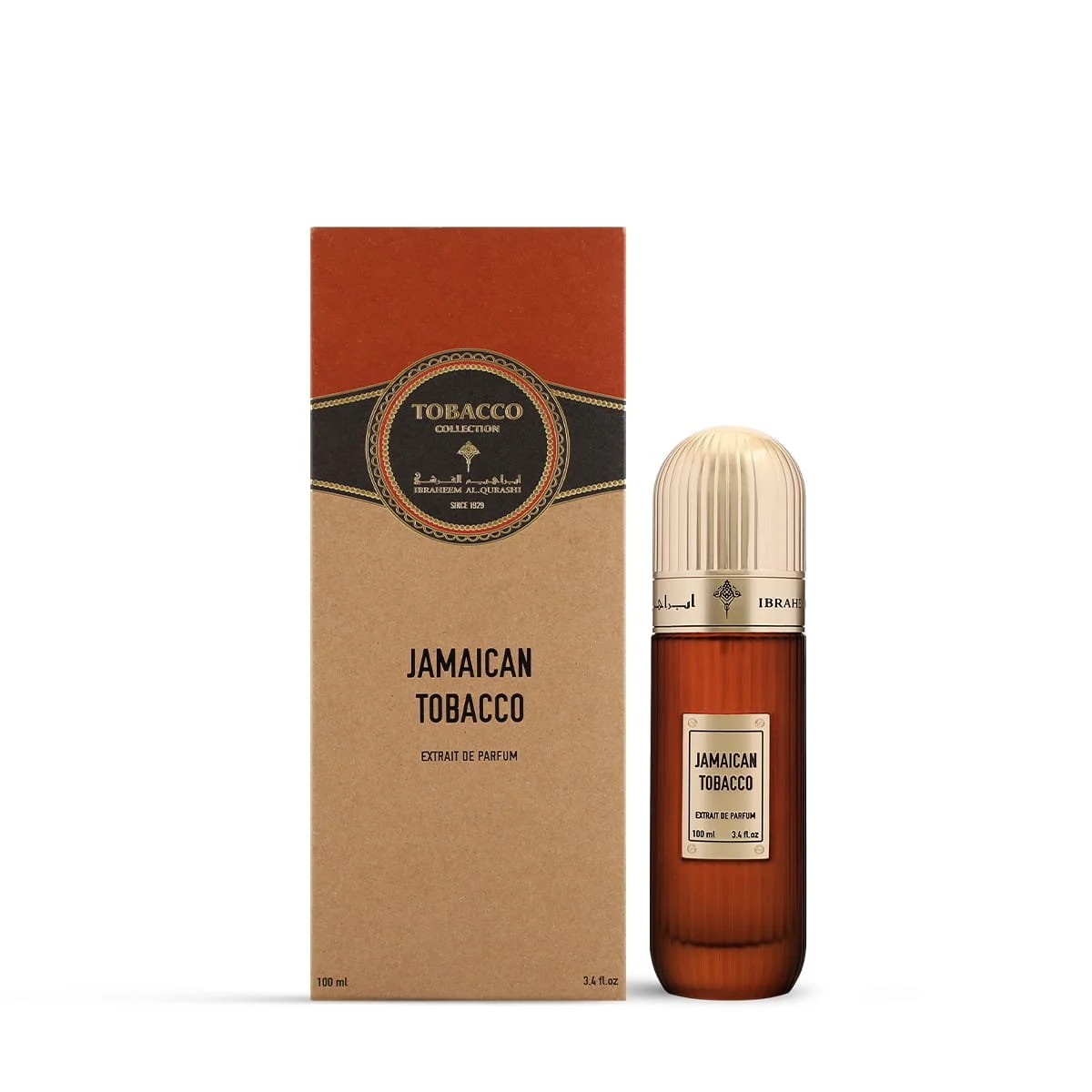 IBRAQ Jamaican Tobacco perfume 100ml next to box, premium niche fragrance UK