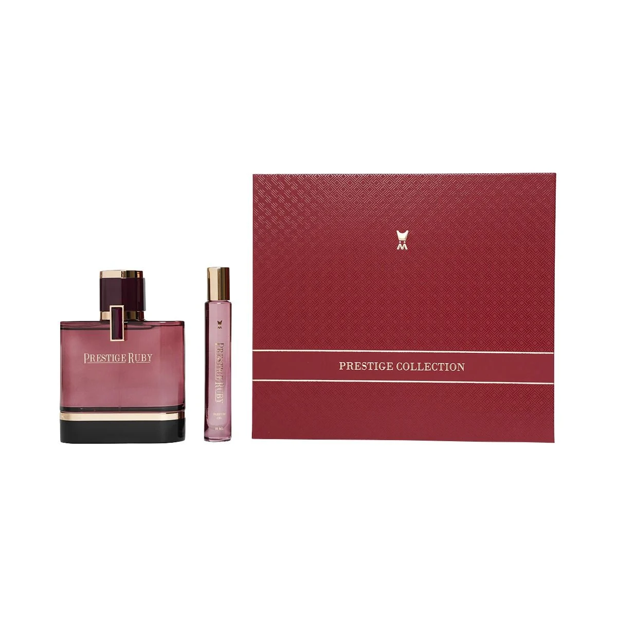 Al Majed Oud Prestige Ruby gift set next to luxury case, premium perfume and oil set UK