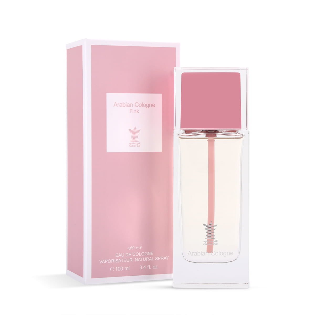 Arabian Oud Arabian Cologne Pink Eau De Cologne 100ml beside luxury branded box UK