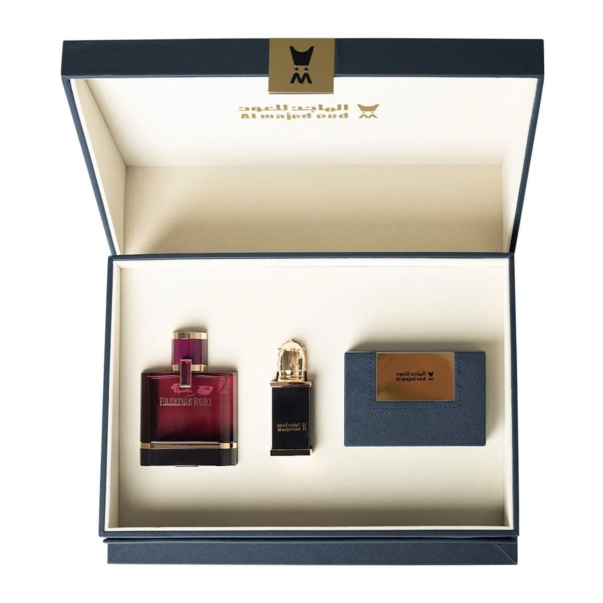 Al Majed Oud black leather gift box open showing Prestige Ruby perfume, leather oil and oud 28g set UK