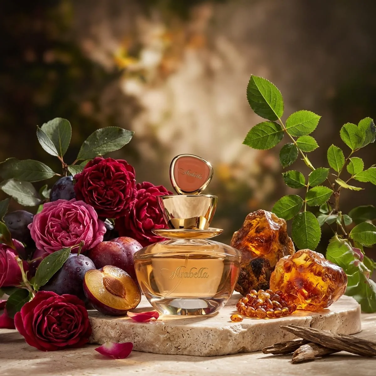 Arabian Oud Arabella perfume with plum, rose and jasmine ingredients, luxury fragrance UK