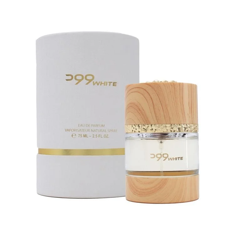 Al Majed Oud Wood White perfume 75ml next to box, luxury fragrance UK