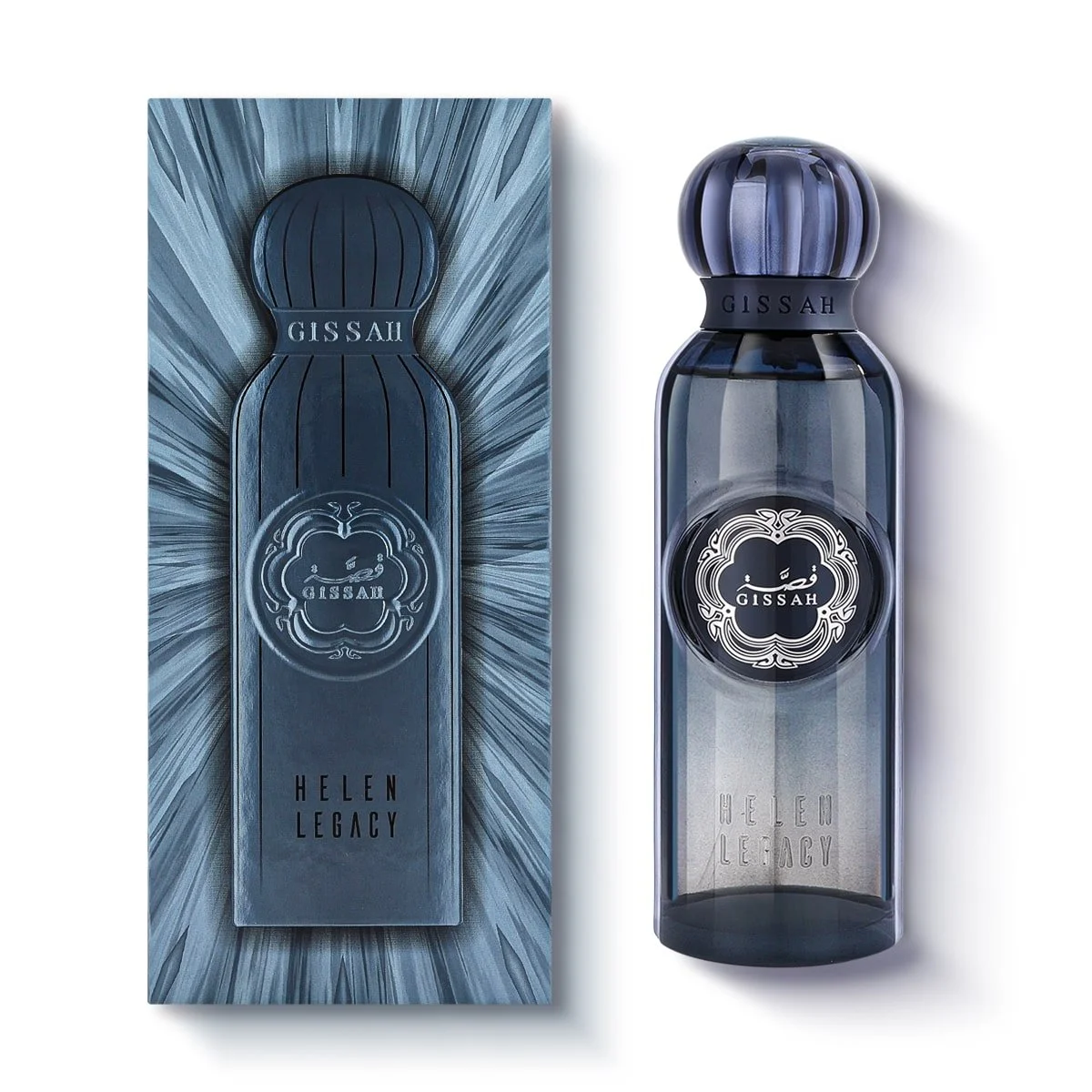 Helen Legacy by Gissah bottle placed beside its luxury box, showcasing the full packaging experience.