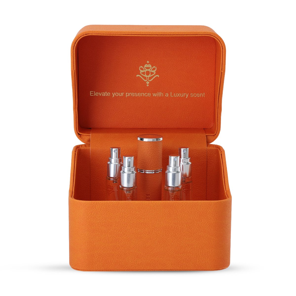 Reef perfume bag open case showing 5x10ml perfumes inside, luxury travel fragrance set UK