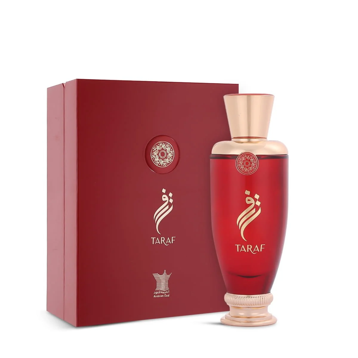 Arabian Oud Taraf 100ml perfume displayed next to luxury box, woody leather fragrance UK