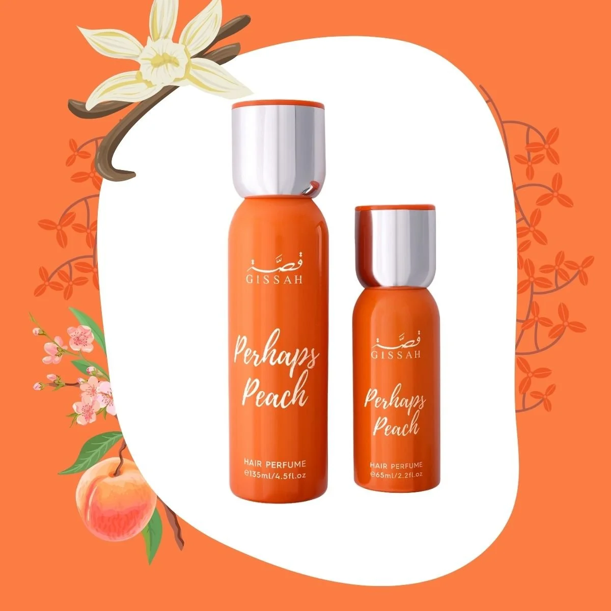 Gissah Perhaps Peach hair mist set on floral background with peaches, fruity gourmand hair perfume UK