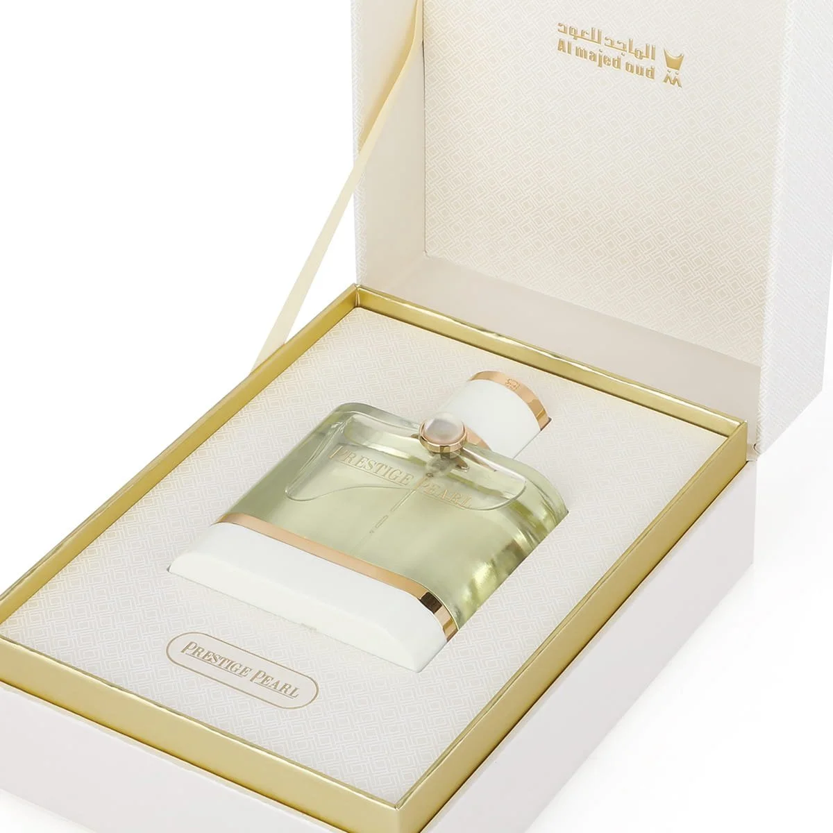 Al Majed Oud Prestige Pearl perfume inside luxury white case, premium packaging UK