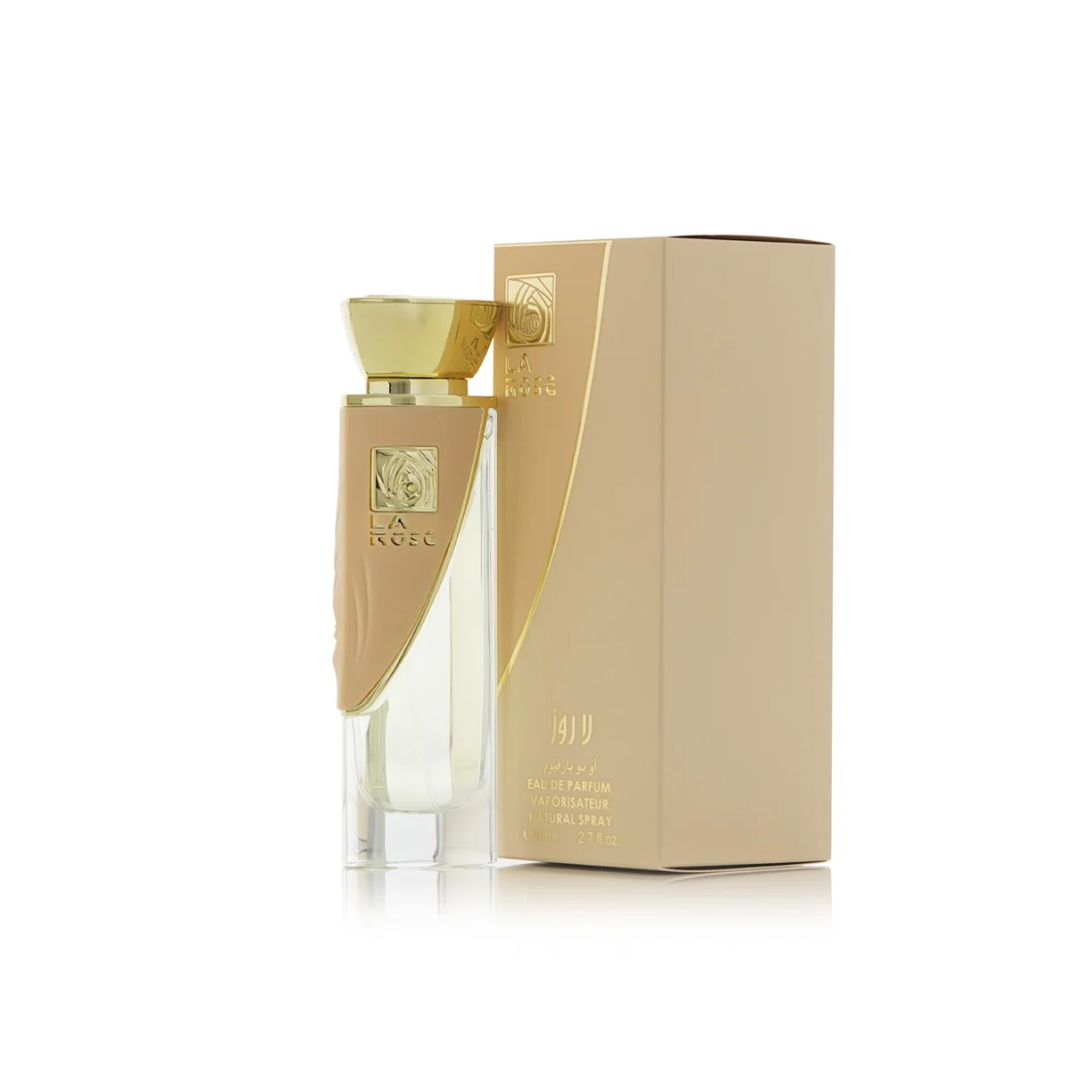 Arabian Oud LA ROSE perfume angled next to box, elegant feminine fragrance UK