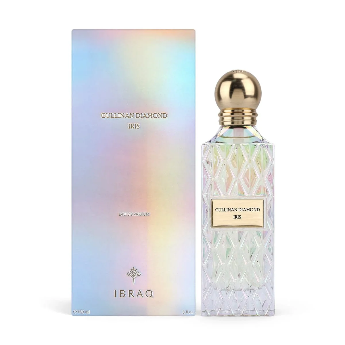 IBRAQ Cullinan Diamond Iris perfume 150ml next to box, best seller fragrance UK