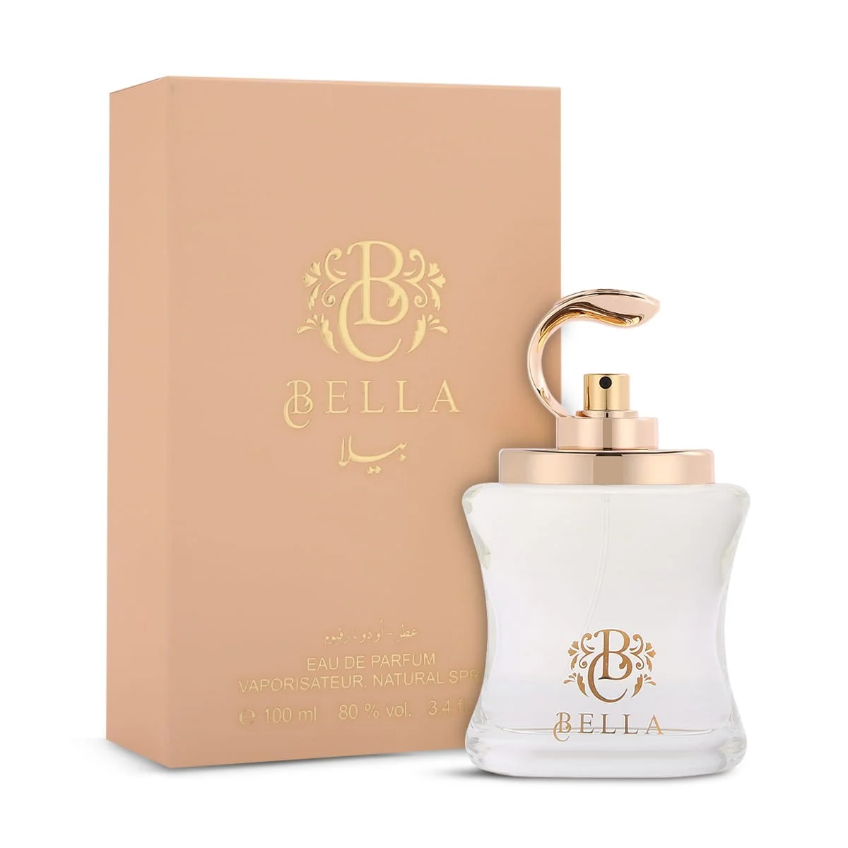 Arabian Oud Bella 100ml perfume displayed next to luxury box, soft feminine fragrance UK