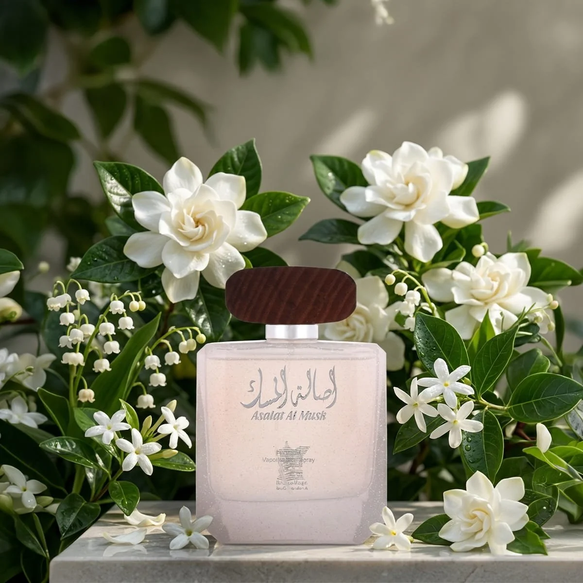 Arabian Oud Asalat Al Musk Eau De Parfum with green apple, jasmine, rose, vanilla and amber luxury fragrance poster UK