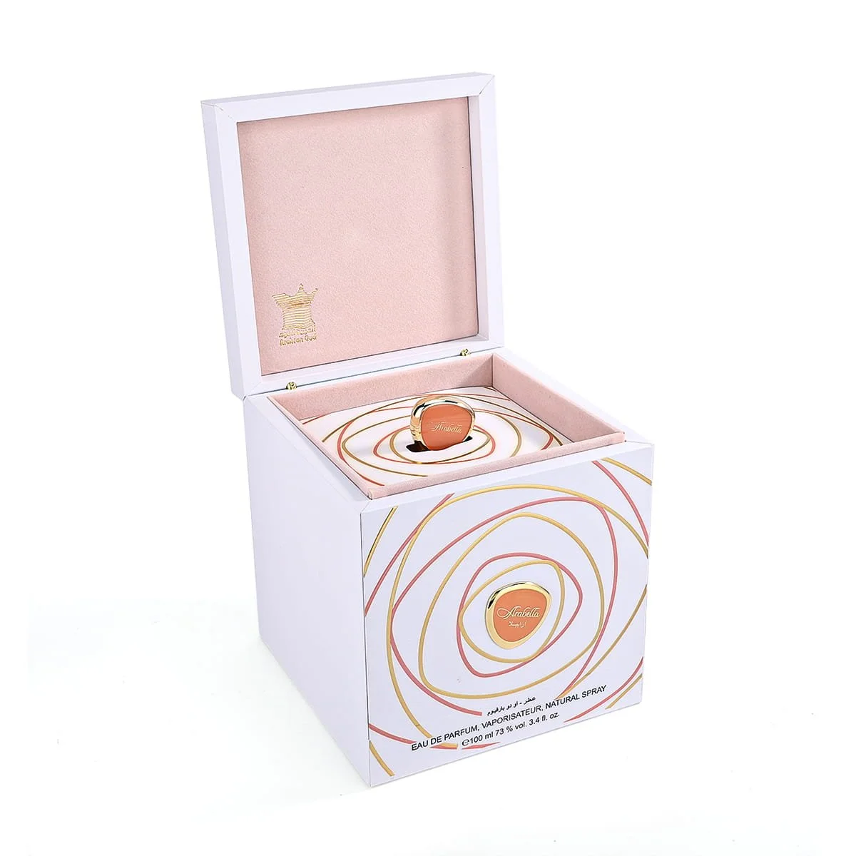 Top view of Arabian Oud Arabella perfume inside open luxury box, premium presentation UK