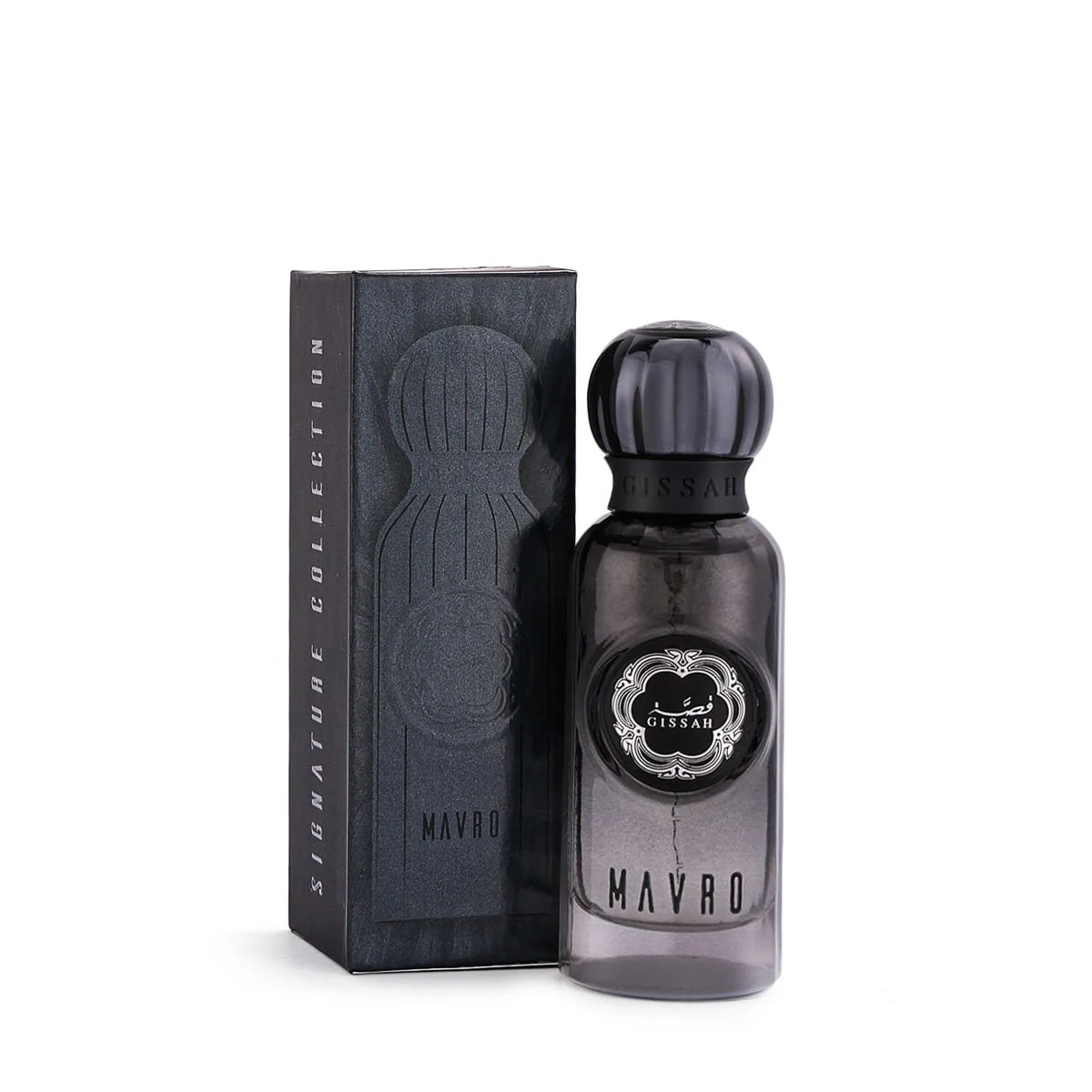 Gissah Mavro 15ml Eau de Parfum displayed beside its box – luxury woody spicy Eid gift perfume for him UK