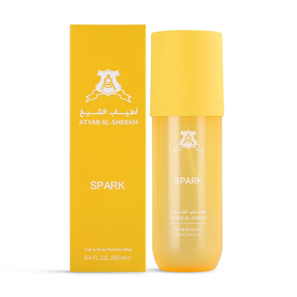 Atyab Al Sheekh Spark Hair & Body Perfume 250ml next to luxury branded box UK