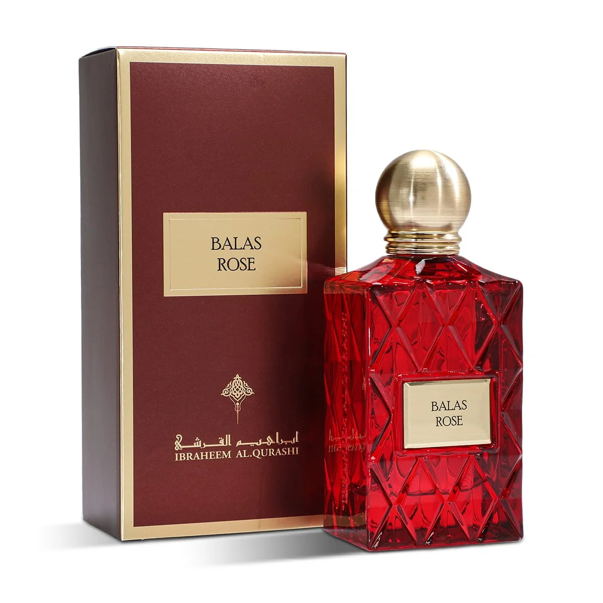 IBRAQ Balas Rose perfume 75ml next to box, luxury floral fragrance UK