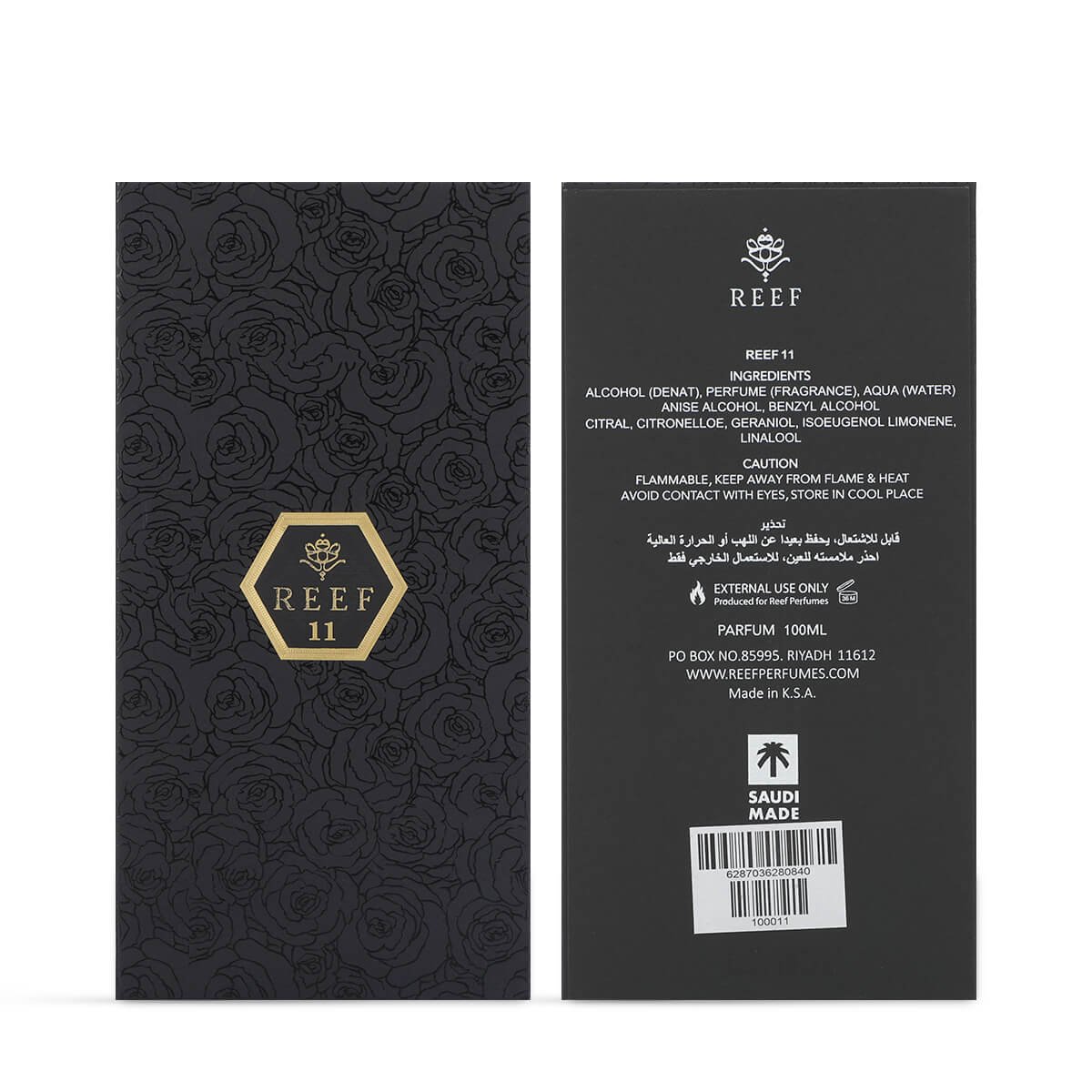 Reef 11 perfume box front and back displayed side-by-side on white background