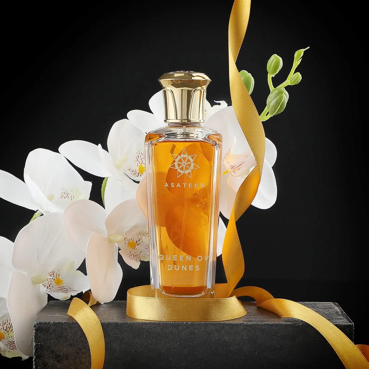 Asateer Queen Of Dunes Eau De Parfum with pineapple, saffron, caramel and amber inspired luxury fragrance poster UK