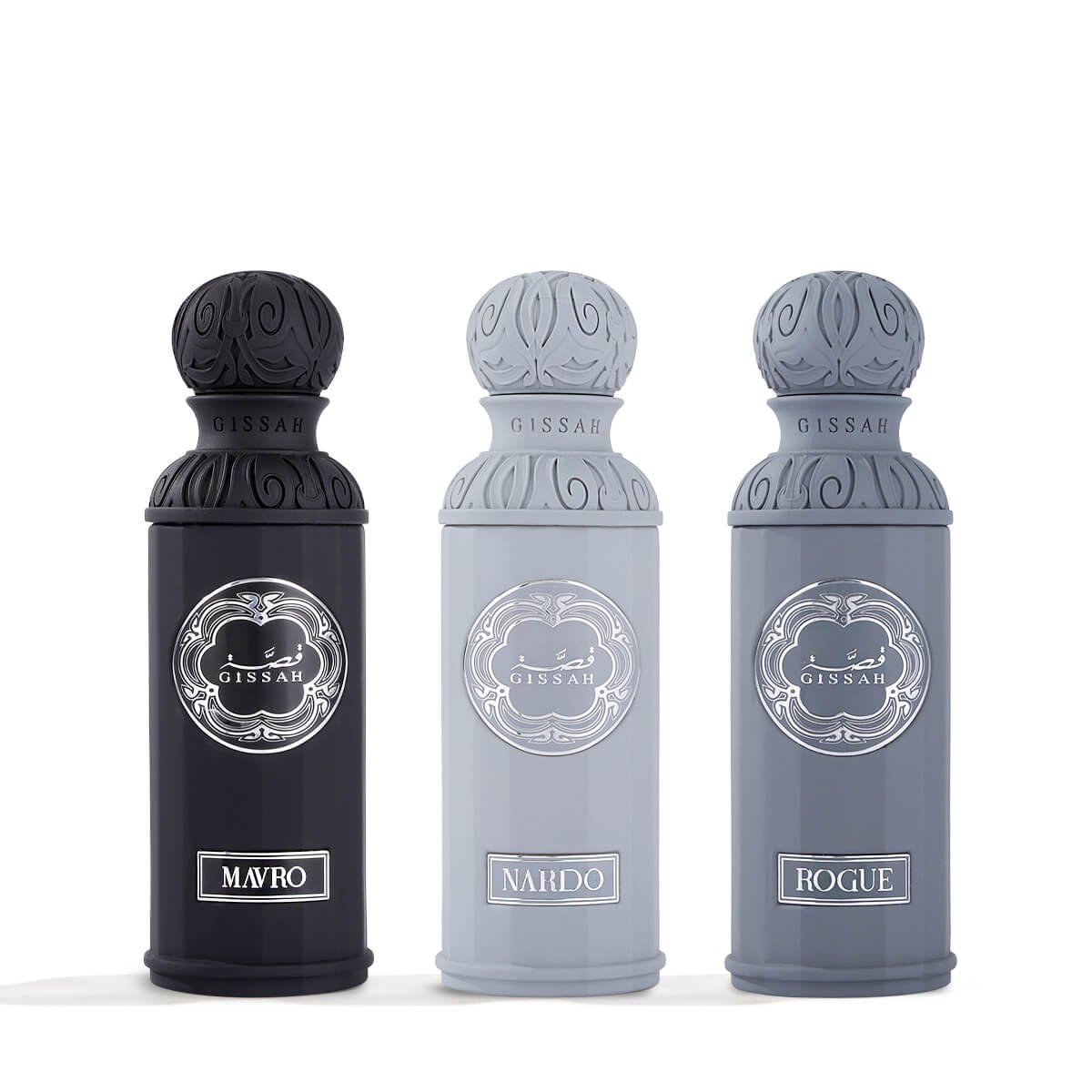 Gissah Graphite Set UK – Mavro, Nardo & Rogue perfumes together in elegant white background – available at Al Rashid Galleria UK, official Gissah perfumes retailer