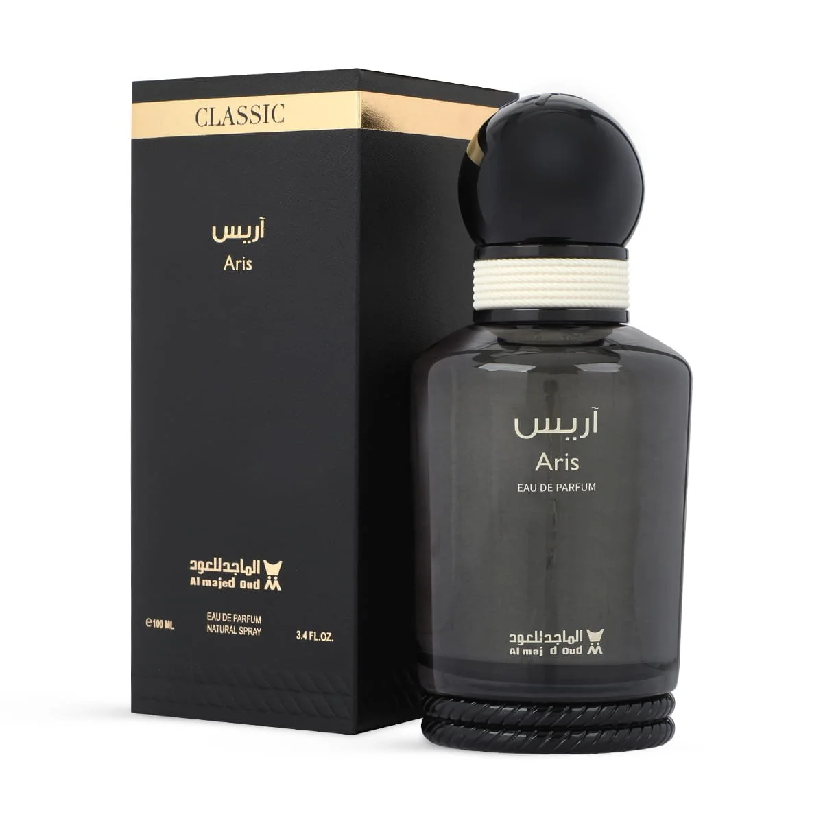 Al Majed Oud Aris Classic perfume 100ml next to luxury case, premium fragrance UK