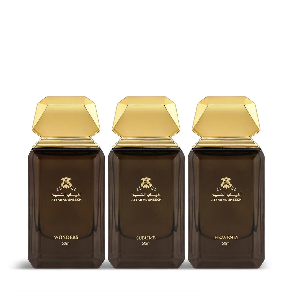 Atyab Al Sheekh Velvet Veil Collection 3x50ml perfumes on white background featuring Sublim, Heavenly and Wonders UK