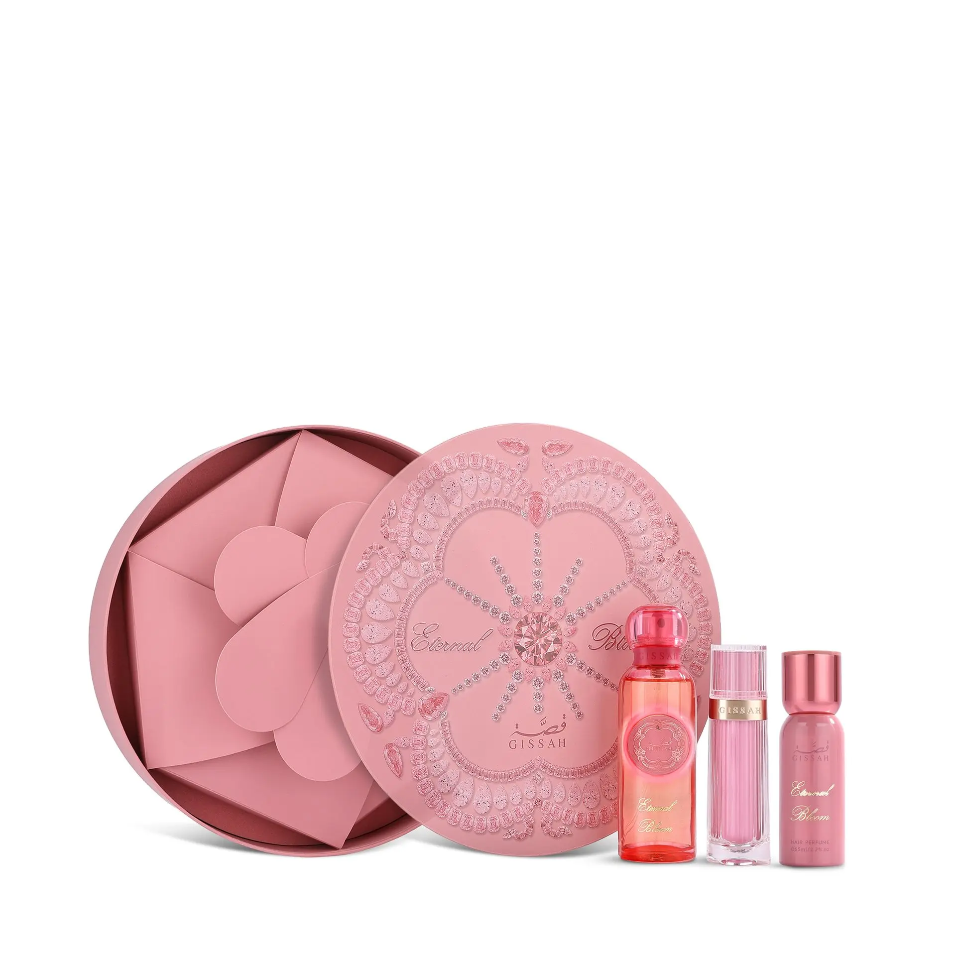 Gissah Eternal Bloom set with perfume, hair spray and body oil in front of luxury crystal box, premium Arabian gift set UK